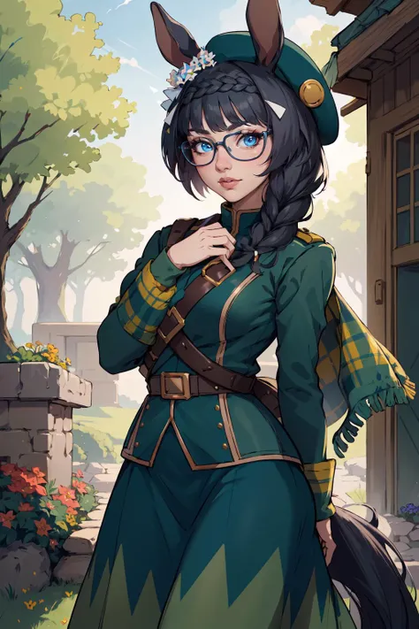 (masterpiece, best quality, absurdres, 4k, aesthetic, detailed, intricate),wind gust,flowers,dappled sunlight,1girl, zennorobroy, braid, horse ears, horse tail,beret, glasses, green jacket, long sleeves, green skirt, scarf ,slight smile  <lora:umamusume_zennorobroy:0.9>