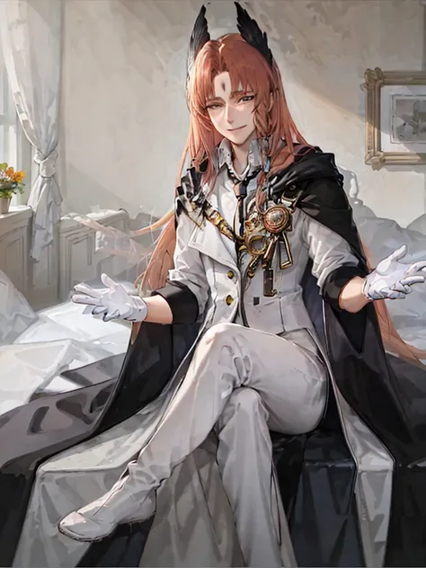 masterpiece , best quality,highly detailed,1boy,indoor, cowboy_shot, sitting, smile, crossed_legs, <lora:passenger2-000016:0.7>
