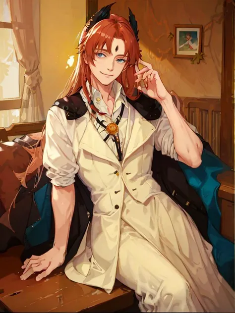 masterpiece , best quality,highly detailed,1boy,indoor, cowboy_shot, sitting, smile, crossed_legs, <lora:passenger2-000016:0.7>