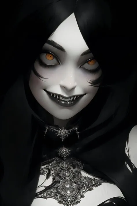 ((best quality)), ((masterpiece)), (highly detailed), creepy woman, long hair, floating hair, ((black eyes)), creepy smile, ((fangs)), ((excessive eyeliner)), starry sky, <lora:Horror:0.9> , <lora:spirit_eays:0.8>