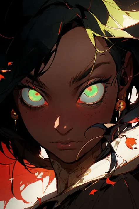 masterpiece, best quality, 4k, female, mature woman,glowing eyes,(fair skin),(multiple colored hair),falling leaves,stones,(colorful),visually stunning, beautiful, evocative, emotional,flying eyeballs,<lora:spirit_eays:0.75>