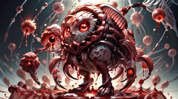 (masterpiece, best quality, fullscreen), [(full body:0.9)::0.1] (photo of a small flesh [magical being:creature:0.2]:1.4), (Industrial Aquatic body with Serpentine head and with one Flippers:1), (Otherworldly glow transparent skin:1.2), (several Bohemian fleshy Feathered Appendages:1.3), (surrounded by many giant blood cell Whipping all around:1.6), (background in a flesh and blood hell landscape:1.4), (shiny and glowing lighting:1.4), (<lora:EFFECT Clothing - Flesh Armor_v1.2:0.5> fl3sh4rmor,flesh,meat, BLOOD, VEINS), (<lora:EFFECT 1.5-Cute furry:0.25> hairy), (<lora:EFFECT CarnageStyle:0.3> carnagestyle), , <lora:MONSTER ral-zhibi-sd15:0.6> zhibi, , <lora:LIGHT nLoRA:0.2> dark theme, <lora:QUALITY kkw-better-v1.0a:0.5>, <lora:QUALITY add_detail:0.7>, (Full body Shot, Shallow Focus Shot, Low Angle Shot:[1.2:0.5:0.1]), heavily detailed, (asymmetric composition:1.5), (sharp focus), extremely detailed, intricate, elegant, art by John Collier and Albert Aublet and Krenz Cushart and Artem Demura and Alphonse Mucha and Giuseppe Arcimboldo