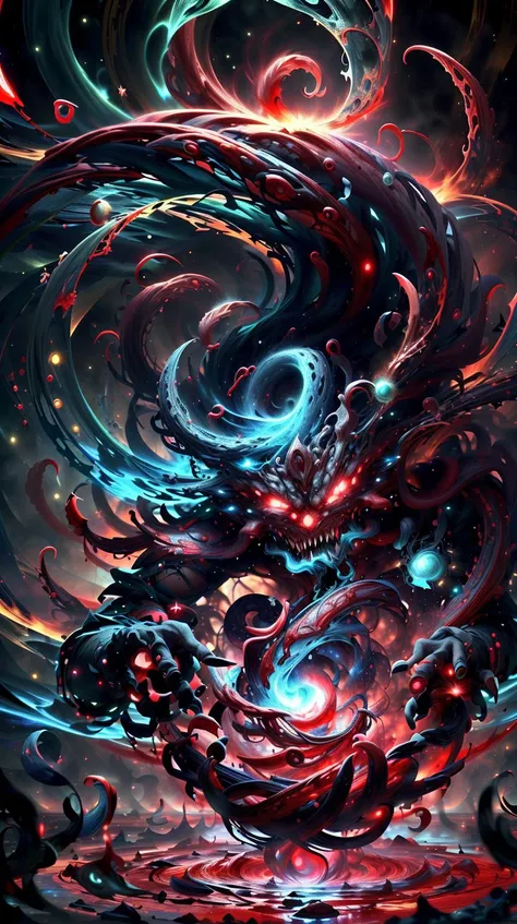 CarnageStyle, (blood_red:1.3),  portrait, solo, upper body, looking up, detailed background, detailed face, (<lora:DonMASKTex:0.4>, astral magic, energy tubes, glowing liquid, rotators, DonMASKTex theme:1.1), glowing eyes, [fire|water]-wizard, Teal [water|fire] themed mage billowing robes smirk, dynamic pose, casting [water|fire] spell,   surrounded by  [water|fire]  <lora:waterVFX:0.2>, elemental harmony,   floating particles,           powerful elemental magic,   backlighting, [flames|lake] in background, mystical atmosphere,, <lora:CarnageStyle:1> dark,malevolence, (Masterpiece:1.3) (best quality:1.2) (high quality:1.1)
