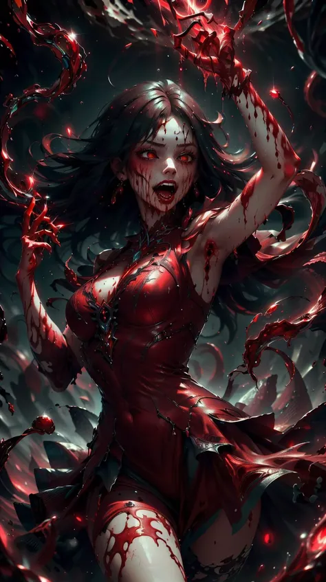 CarnageStyle, (red:1.35), a woman in a glittery party dress dancing at a disco, <lora:CarnageStyle:0.5> dark,bloody,life-fluid, bloodmagic blood magical energy fantasy <lora:BloodMagic-20:1>, (Masterpiece:1.3) (best quality:1.2) (high quality:1.1)