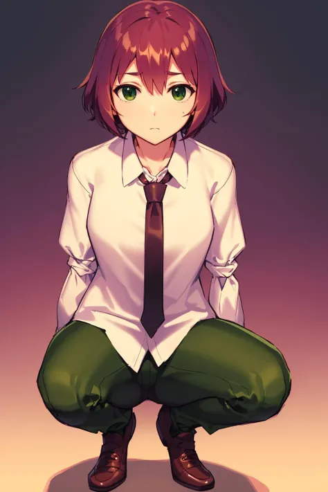 masterpiece, highest quality, best quality, 1girl, solo, looking at viewer, squatting, spread legs,
tezuka rin, (armless amputee:1.2), brown hair, collar, collared shirt, (double amputee:1.2), green eyes, katawa shoujo, necktie, shirt, short hair, solo, white shirt, green pants, <lora:my_TezukaRin_v1:0.7>
sad,