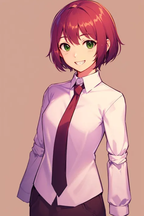 masterpiece, highest quality, best quality, 1girl, solo, looking at viewer,
tezuka rin, (armless amputee:1.2), brown hair, collar, collared shirt, (double amputee:1.2), green eyes, katawa shoujo, red necktie, shirt, short hair, solo, white shirt, <lora:my_TezukaRin_v1:0.7>
lozhkin, grin, accurate teeth with gaps <lora:lozhkin_V1:0.1>