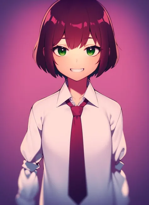 masterpiece, highest quality, best quality, 1girl, solo, looking at viewer,
tezuka rin, (armless amputee:1.2), brown hair, collar, collared shirt, (double amputee:1.2), green eyes, katawa shoujo, red necktie, shirt, short hair, solo, white shirt, <lora:my_TezukaRin_v1:0.7>
lozhkin, grin, accurate teeth with gaps <lora:lozhkin_V1:0.1>