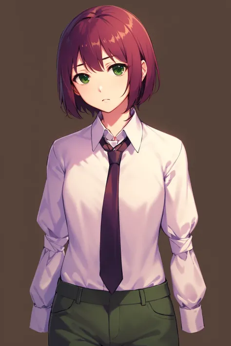 masterpiece, highest quality, best quality, 1girl, solo, looking at viewer, 
tezuka rin, (armless amputee:1.2), brown hair, collar, collared shirt, (double amputee:1.2), green eyes, katawa shoujo, necktie, shirt, short hair, solo, white shirt, green pants,  <lora:my_TezukaRin_v1:0.7>
sad,