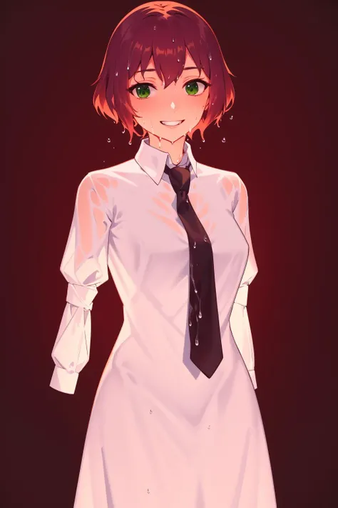 masterpiece, highest quality, best quality, 1girl, solo, looking at viewer,
tezuka rin, (armless amputee:1.2), brown hair, collar, collared shirt, (double amputee:1.2), green eyes, katawa shoujo, necktie, shirt, short hair, solo, white shirt, <lora:my_TezukaRin_v1:0.75> wet body, steaming body, (wet dress:1.2), (see-through clothes:1.2),
lozhkin, grin, accurate teeth with gaps <lora:lozhkin_V1:0.2>