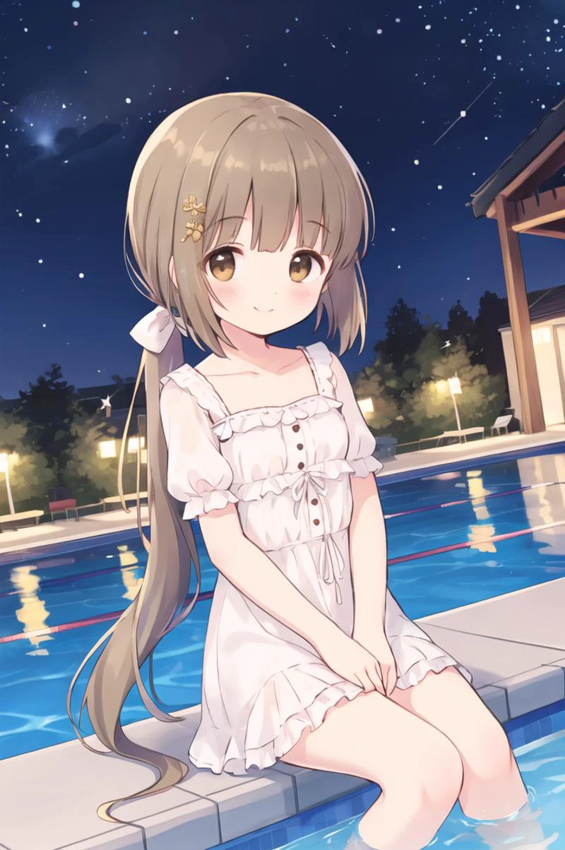 masterpiece, best quality, 1girl, solo, long hair, smile, brown hair, bangs, closed mouth, hair ornament, blush, brown eyes, frills, dress, field, <lora:yorita_yoshino-v20231217:1>, night, starry sky, clock, casual, dutch angle, sitting, low ponytail, water, pool