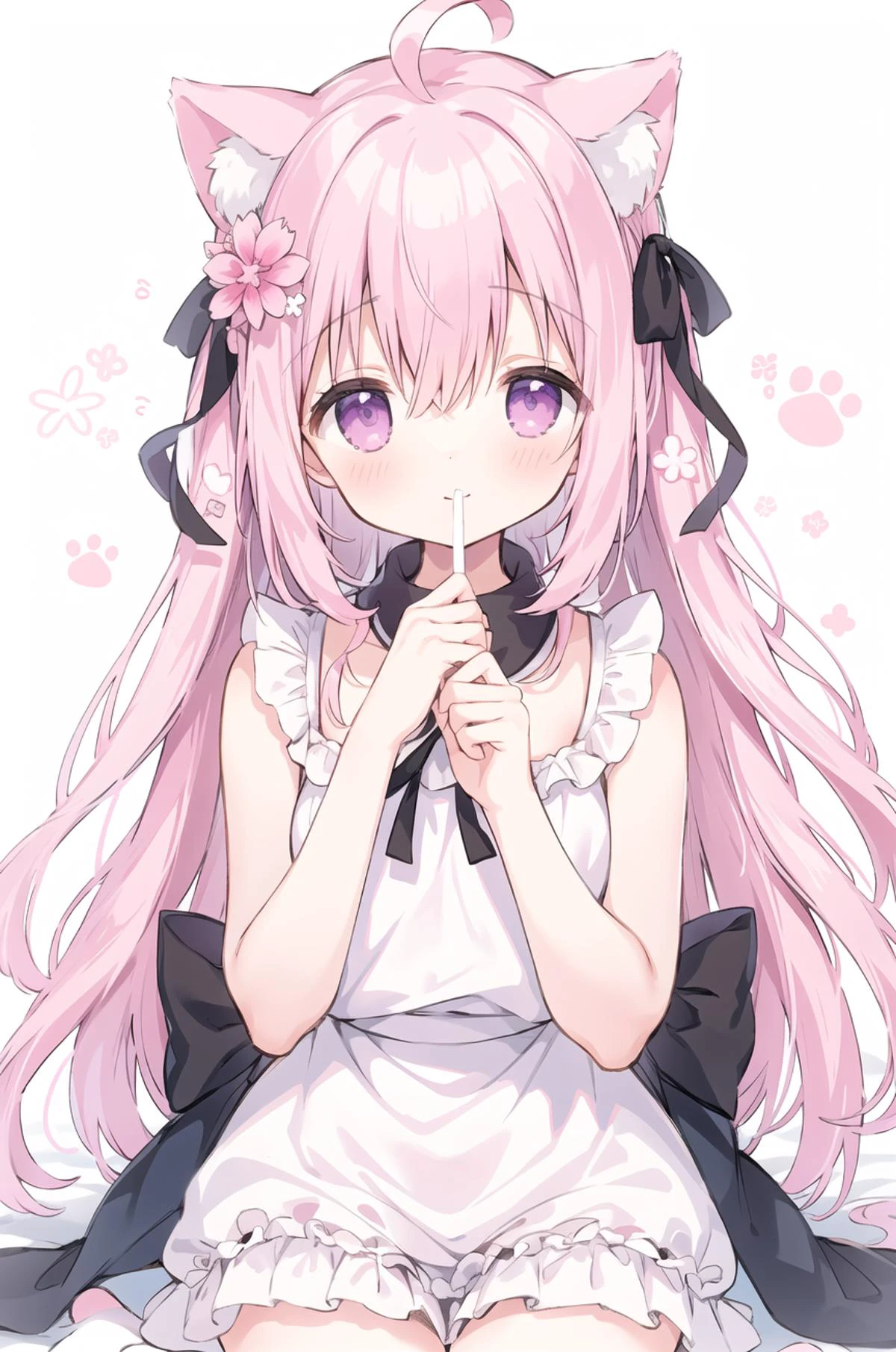 ((masterpiece, high quality)), simple background, cute background, 1 girl, light purple hair, purple eyes, long hair, curvy hair, hair between eyes, ahoge, flat chest, flower hair pin,
BREAK
In a world of pink, simple and sweet,
A carton box, a snug retreat,
A , imagination's flair,
Pretends to be a cat, without a care.
BREAK
Cute as can be, in feline guise,
Closed eyes and soft sighs,
Whiskers drawn, a charming touch,
Paws tucked in, she loves it much.
BREAK
Background pink, a soothing hue,
Enhances the scene where dreams come true,
Innocence painted, a tale unfurled,
A girl-cat curled in a pink world.
BREAK
Simple and pure, a moment's delight,
In art's embrace, a vision takes flight,
A carton's embrace, a joyful repose,
A cute girl'stasy, where happiness grows.