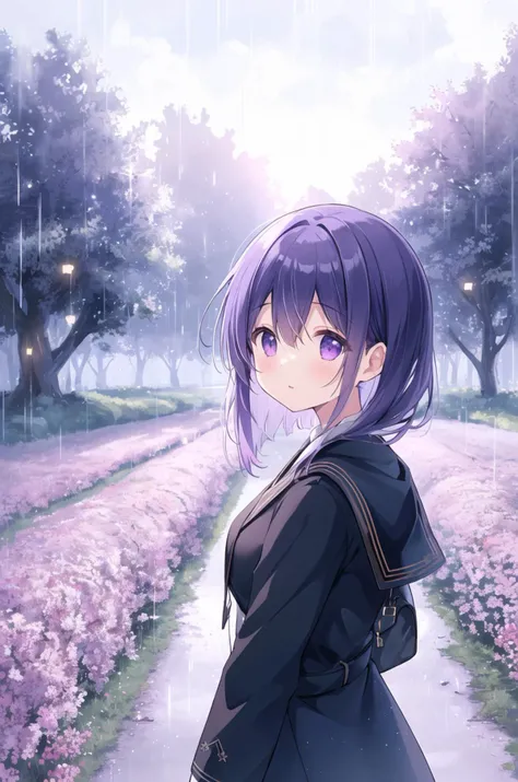 ((masterpiece, high quality, highres, 8k, 4k)), light particle, pixiv, depth of field, cinematic compotision, best lighting, outdoors, (lens flare:0.6), field, scenery, fantasy, blue theme, purple light, rain, far away, 1girl,
