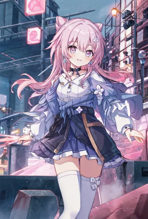 masterpiece, best quality,1girl,solo,absurdres,outdoors,street,night,cyberpunk,cyborg,neon light,steam, <lora:March7th (1):0.75>, 1girl,pink hair,long hair,purple eyes, earrings,jewelry,choker, long sleeves, white shirt,blue skirt, <lora:keqing_lion_optimizer_dim64_loraModel_5e-3noise_token1_4-3-2023:0.7>, hair bun, twintails, diamond-shaped pupils, hair ornament, cone hair bun, very long hair, double bun, bangs, bow, hair flower, hair bow,white thighhighs,smile,cowboy shot, <lora:BattlefieldStyle-000016:0.5>,bfstyle