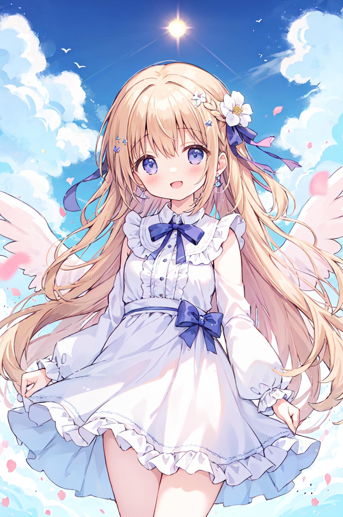 A girl with long hair and angel wings in a dress - SeaArt AI