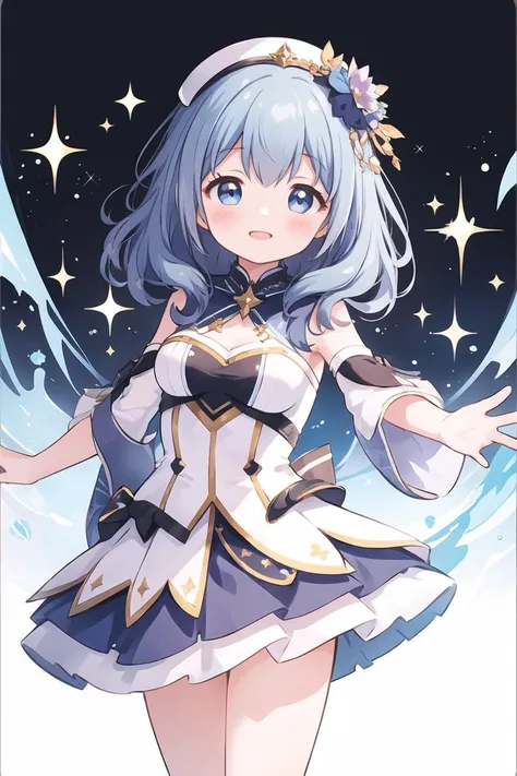 masterpiece, best quality, <lora:kunieda_shiho-v20231029:1>, 1girl, solo, bangs, white background, blush, smile, sparkle, dynamic pose,
