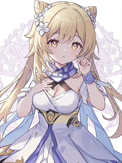 masterpiece, best quality,1girl,solo,simple background,,<lora:keqing_lion_optimizer_dim64_loraModel_5e-3noise_token1_4-3-2023:0.7>, hair bun, (twintails), diamond-shaped pupils, hair ornament, (cone hair bun), long hair, (double bun:1.2), bangs, bow, hair flower, hair bow, standing, (large breasts), <lora:lumine:0.8>,lumine \(genshin impact\),blonde hair, yellow eyes,hair flower,hair ornament,cleavage, ,white dress,detached sleeves,white scarf