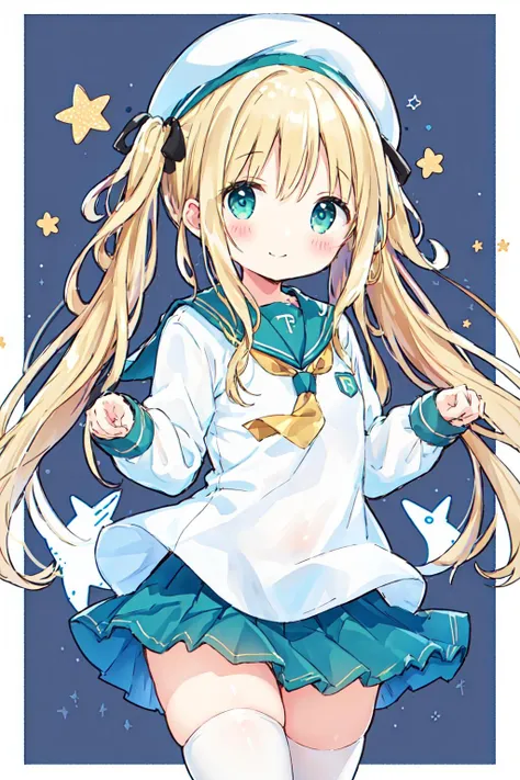 masterpiece, best quality, 1girl, looking at viewer, very long hair, (blonde hair:1.1), white headwear, (white beret:1.1), serafuku, green pleated skirt, aqua eyes, twintail, thighs, (border:1.3),  smile, (closed mouth:1.0), starry background, patterned background, 
<lora:potofu-000009:0.8>,