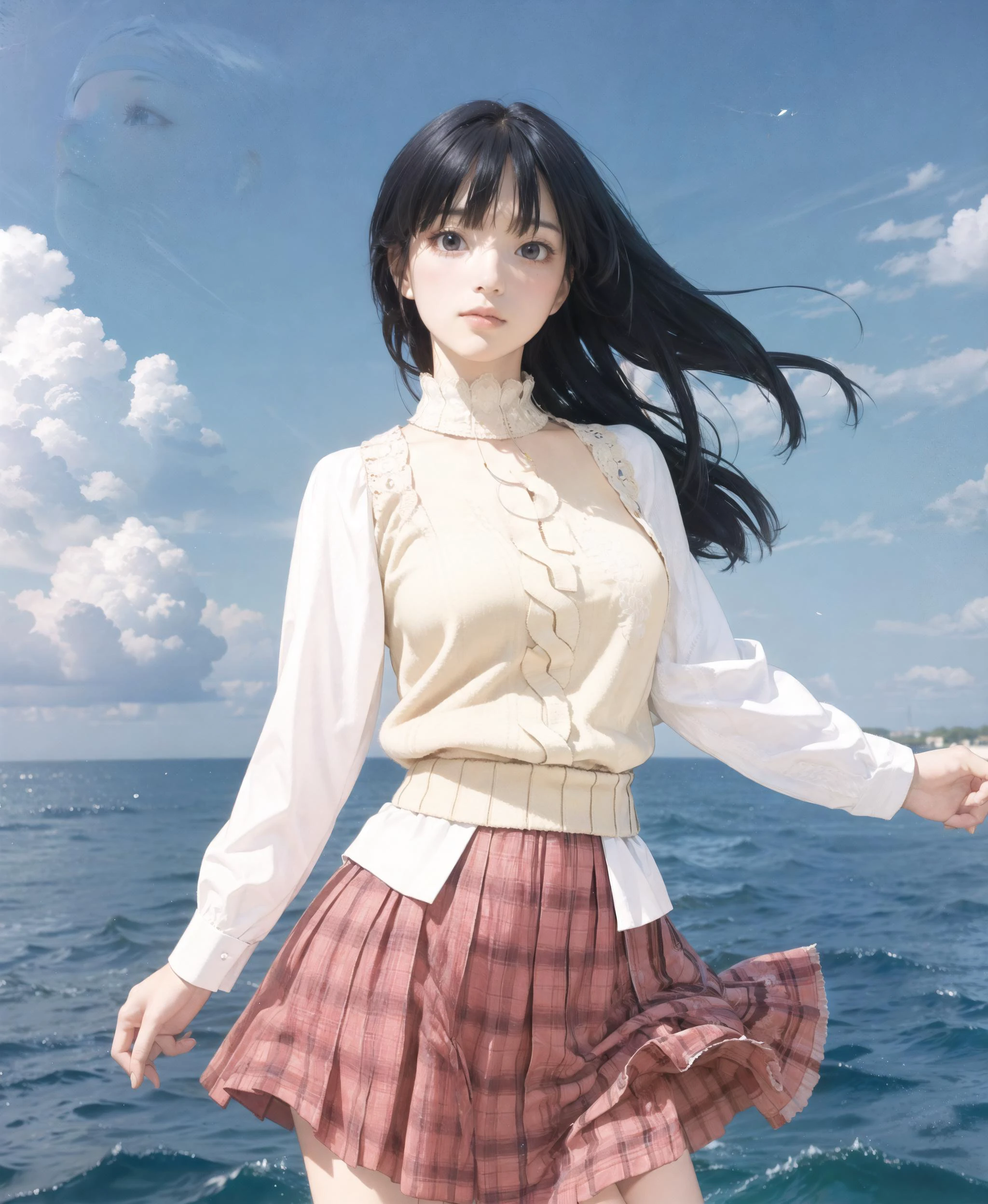 realistic:0.8,photorealistic:1.2,ultra detailed,masterpiece,8k illustration,extremely detailed CG unity 8k wallpaper,best quality,absurdres,official art,detailed skin texture, detailed cloth texture, beautiful detailed face, intricate details, ultra detailed, best lighting, ultra high res, 8k uhd, film grain,dramatic lighting,delicate,BREAK,
1 girl,arashi,(blush:1.2),beautiful detailed face,skinny,beautiful detailed eyes,medium breasts,ibory sweater,cute face,black hair,red check skirt,raw legs,BREAK,
dynamic angle,uncensored,perfect anatomy:2.0,<lora:Hidari2:0.6>,<lora:animeoutlineV4_16:0.3>,<lora:epi_noiseoffset2:0.7>,simple background,looking up,floating hair,wind,sea and blue sky