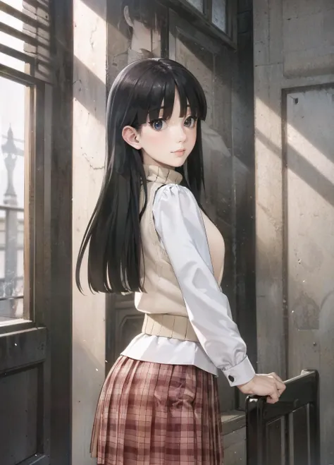photorealistic,ultra detailed,masterpiece,8k illustration,extremely detailed CG unity 8k wallpaper,best quality,absurdres,official art,detailed skin texture, detailed cloth texture, beautiful detailed face, intricate details, ultra detailed, best lighting, ultra high res, 8k uhd, film grain,dramatic lighting,delicate,BREAK,
1 girl,arashi,faint smile,beautiful detailed face,skinny,beautiful detailed eyes,cute face,black hair,long hair,red check skirt,(ibory sweater),(white shirt),BREAK,
dynamic angle,open window,wind blow,floating hair,blow curtains,uncensored,perfect anatomy:2.0, <lora:Hidari2:0.6>,<lora:OneBreastOutLoRA_V1_1rank8:0.8> ,<lora:flat2:0.3>,<lora:epi_noiseoffset2:0.7>