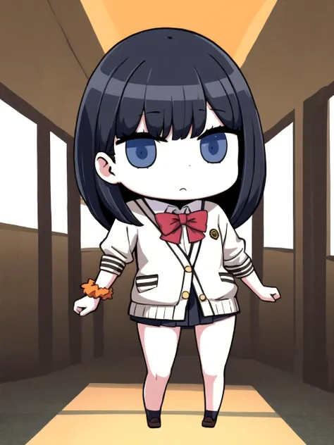 masterpiece, best quality, dsrikka, black hair, long hair, blue eyes, cardigan, microskirt, red bowtie, school uniform, orange wrist scrunchie, standing, full body, chibi, april fools
<lyco:dsrikka_lc_768:1> <lyco:aprilfools_style_lc:0.8>