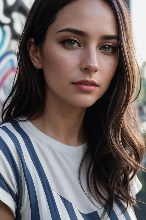beautiful woman (EPC4r0l1n4R31n3m3rV2:.99), perfect hair, jewelry, ((portrait)), (closeup:1.2), ((from the waist up)), (((  An interactive urban art installation, allowing visitors to contribute to a collaborative mural or sculpture :1.2 ))), natural skin texture,  ((  Striped wide-leg pants and a plain tee :1.2)), 24mm, 4k textures, soft cinematic light, adobe lightroom, photolab, hdr, intricate, elegant, highly detailed, sharp focus, ((((cinematic look)))), soothing tones, insane details, intricate details, hyperdetailed, low contrast, soft cinematic light, exposure blend, hdr, faded, now, ("I've got a bad feeling about this.":1.1)