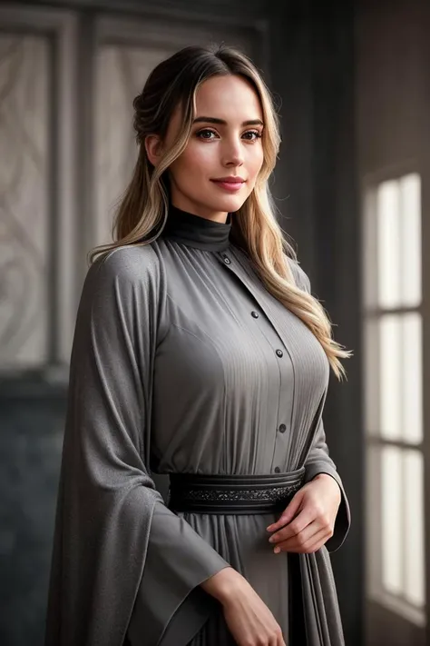 photo of beautiful (EPC4r0l1n4R31n3m3r:.99), a woman with perfect blonde hair, hair upsweep updo, wearing (Cement Gray abaya :1.1), (plain fire:1.1), modelshoot style, (extremely detailed CG unity 8k wallpaper), professional majestic photography, (smile), ((pervpulp15:1.2)), ( Chic Modernist magazine cover:1.1),((upper body)), (camera), 24mm, exposure blend, hdr, faded, extremely intricate, High (Detail:1.1), Sharp focus, dramatic, soft cinematic light, (upper body), (looking at viewer), (detailed pupils), 4k textures, soft cinematic light, adobe lightroom, photolab, elegant, ((((cinematic look)))), soothing tones, insane details, hyperdetailed, low contrast("I've got a bad feeling about this.":1.1), ("In Jernau we trust!":1.1), (cover:1.1)