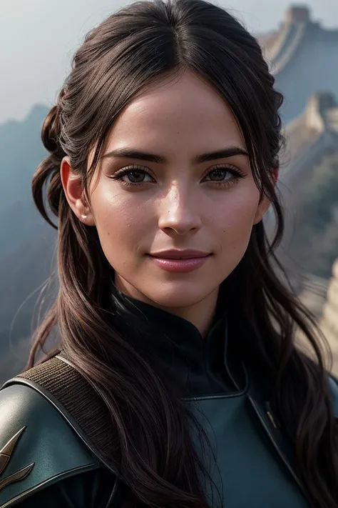 photo of beautiful (EPC4r0l1n4R31n3m3rV2:0.99), a woman with perfect hair, hair upsweep updo, wearing Chrome (attire :1.1), (standing at The Great Wall of China - China :1.1), modelshoot style, (extremely detailed CG unity 8k wallpaper), professional majestic photography, (smile), ((upper body)), (camera), 24mm, exposure blend, hdr, faded, extremely intricate, High (Detail:1.1), Sharp focus, dramatic, soft cinematic light, (upper body), (looking at viewer), (detailed pupils), 4k textures, soft cinematic light, adobe lightroom, photolab, elegant, ((((cinematic look)))), soothing tones, insane details, hyperdetailed, low contrast("I've got a bad feeling about this.":1.1), ("In Jernau we trust!":1.1),