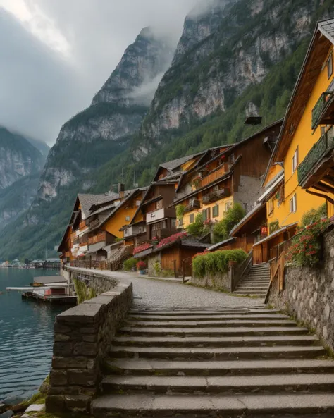 a photo of a cobblestone staircase in Hallstatt Austria taken from afar. dramatic lighting, RAW photo, 8k uhd, high quality, Portra 400 <lora:add_detail:0.33> <lyco:hallstatt_20230713_0122-000010:0.6>