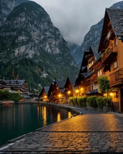 a photo of a street in Hallstatt Austria. Docks, shore, foggy mountains, tower, (lake:0.7) in background. (off center:1.1), dawn, evening, (beautiful lighting:1.2), <lora:epi_noiseoffset2:1.2>, RAW photo, 8k uhd, high quality, highly detailed skin, Portra 400 <lora:add_detail:0.33> <lyco:hallstatt_20230713_0122-000010:0.7>