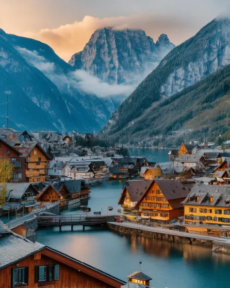 a superwide photo of a town in Hallstatt Austria taken from afar. Docks, shore, foggy mountains, tower, (lake:0.7) in background. golden hour, RAW photo, 8k uhd, high quality, Portra 400 <lora:add_detail:0.33> <lyco:hallstatt_20230713_0122-000010:0.7>