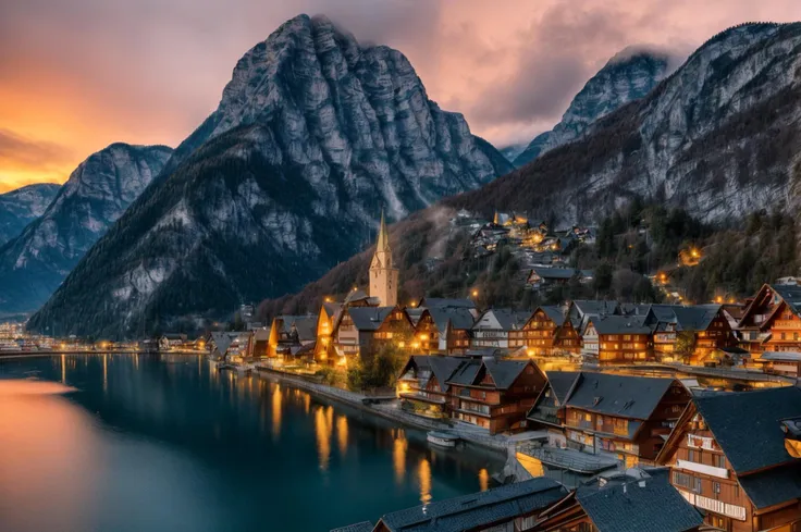 a photo of a town in Hallstatt Austria taken from afar. Docks, shore, foggy mountains, tower, (lake:0.7) in background. (off center:1.1), dawn, evening, (beautiful lighting:1.2), golden hour, <lora:epi_noiseoffset2:0.5>, RAW photo, 8k uhd, high quality, highly detailed skin, Portra 400 <lora:add_detail:0.33> <lyco:hallstatt_20230713_0122-000010:0.7>