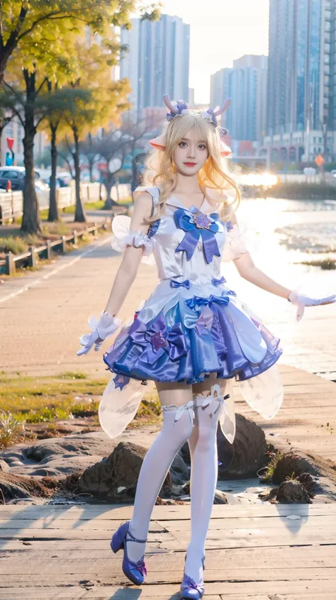 (best quality:1.1),(masterpiece:1.1),(1girl:1.2),Melon seed face,(full body:1.1),blonde hair,Beautiful eyes,blue_eyes,dress,white pantyhose,white_gloves,(pointy ears:0.9),star \(symbol\),cosplay,nature,outdoor,<lora:ç䏿_ç¶æ¶ä¹æ¿å¢V1>,<lora:mix4:0.8>,