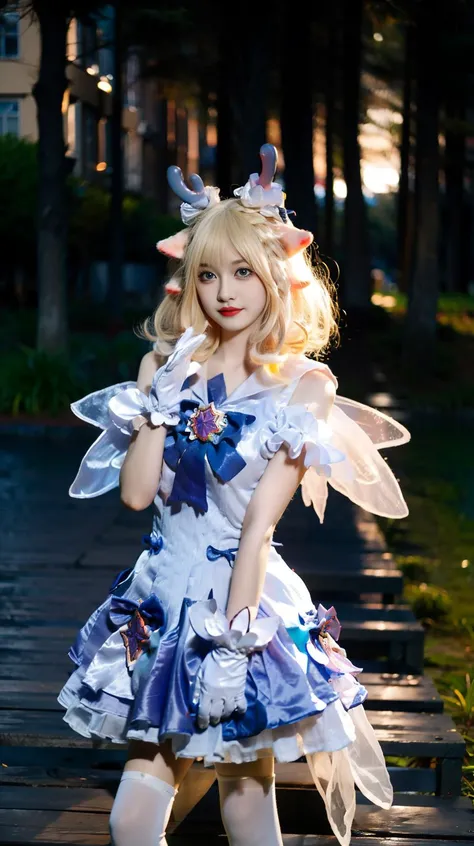 (best quality:1.1),(masterpiece:1.1),(1girl:1.2),<lora:ç䏿_ç¶æ¶ä¹æ¿å¢V1:1>,blonde hair,blue_eyes,dress,white pantyhose,white_gloves,pointy ears,star \(symbol\),cosplay,nature,outdoor,<lora:asian_beauty_v2:0.6>,