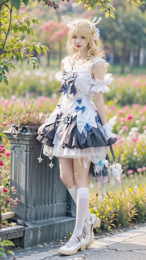 (best quality:1.1),(masterpiece:1.1),(1girl:1.2),Melon seed face,(full body:1.1),blonde hair,Beautiful eyes,blue_eyes,dress,white pantyhose,white_gloves,(pointy ears:0.9),star \(symbol\),cosplay,nature,outdoor,<lora:ç¶å¦¹:0.8>,<lora:mix4:0.6>,