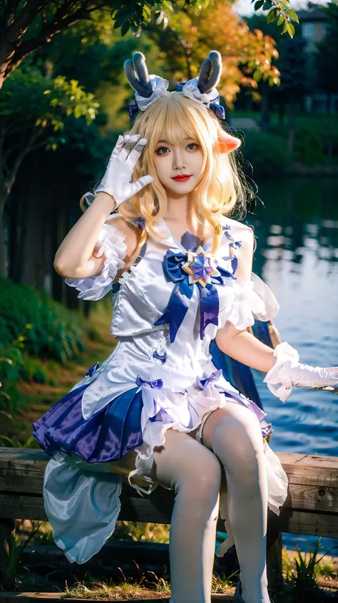 bblurry，depth_of_field，blurry_background，blurry_foreground，blonde_hair，white_gloves，shift dresses，blue_eyes.upper legs，The upper part of the body，Do not show your hands