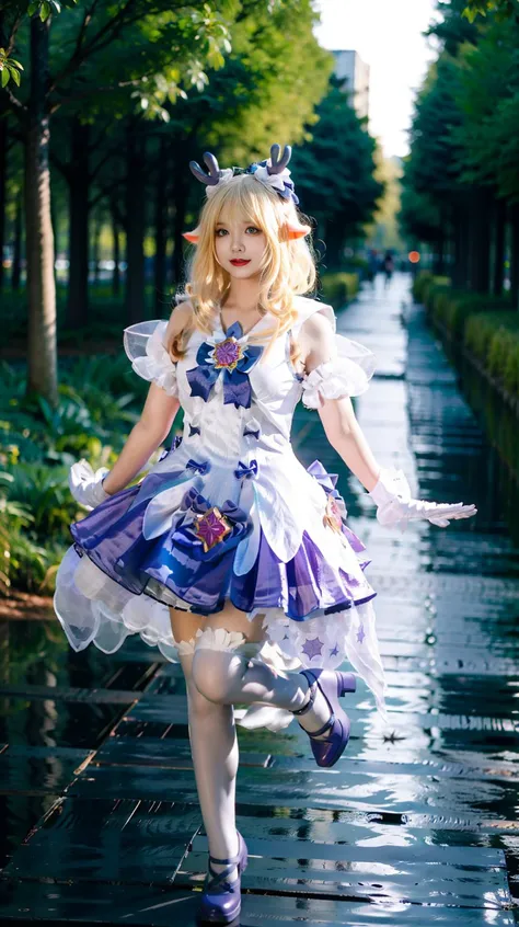 (best quality:1.1),(masterpiece:1.1),(1girl:1.2),(full body:1.1),<lora:çä¸æ_ç¶æ¶ä¹æ¿å¢V1:1>,blonde hair,blue_eyes,dress,white pantyhose,white_gloves,(pointy ears:0.9),star \(symbol\),cosplay,nature,outdoor,<lora:asianGirlsFace_v1:0.6>,Melon seed face,
