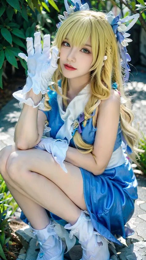 (best quality:1.1),(masterpiece:1.1),(1girl:1.2),(full body:1.1),blonde hair,Beautiful eyes,blue_eyes,dress,white pantyhose,white_gloves,(pointy ears:0.9),star \(symbol\),cosplay,nature,outdoor,<lora:asianGirlsFace_v1:0.6>,Melon seed face,photo_unp,<lora:yao shiyuan_v1>,