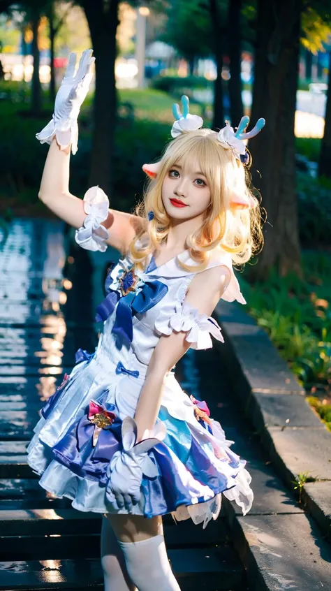 (best quality:1.1),(masterpiece:1.1),(1girl:1.2),<lora:ç䏿_ç¶æ¶ä¹æ¿å¢V1:1>,blonde hair,blue_eyes,dress,white pantyhose,white_gloves,pointy ears,star \(symbol\),cosplay,nature,outdoor,<lora:asian_beauty_v2:0.6>,Melon seed face,