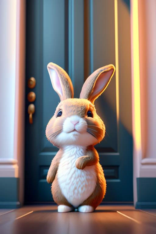 Cute small rabbit smiling in front of theater door ,unreal engine, cozy indoor lighting, artstation, detailed, digital painting, cinematic, character design by mark ryden, pixar, hayao miyazaki, unreal 5, daz, hyperrealistic, octane render