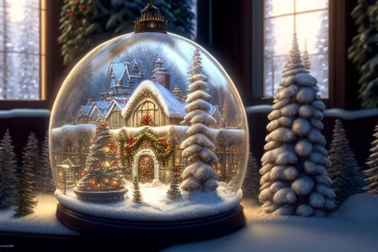 A miniature tabletop a pleasant christmas time canada landscape, snow, trees, christmas shop, glowing under an ornate glass dome, by paulette tavormina and michael whelan and donato giancola, inside a dusty abandoned laboratory, hyper realistic, extremely detailed, dramatic lighting, victorian, unreal engine, featured on artstation, octane rendar