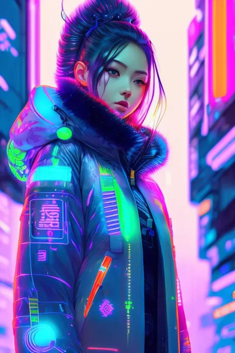 detailed portrait Neon Operator Girl, cyberpunk futuristic neon, reflective puffy coat, decorated with traditional Japanese ornaments by Ismail inceoglu dragan bibin hans thoma greg rutkowski Alexandros Pyromallis Nekro Rene Maritte Illustrated, Perfect face, fine details, realistic shaded, fine-face, pretty face, masterpice estilovintedois.