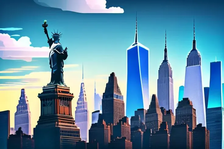 futuristic new york city landscape with one liberty statue