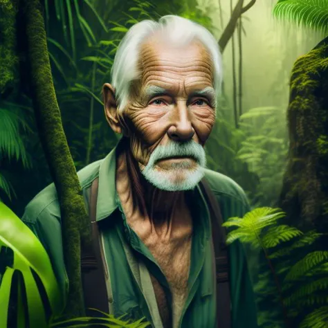 photo of an old man in a jungle, looking at the camera.