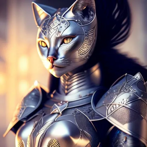 kneeling cat fusion woman knight, portrait, finely detailed female armor, intricate design, silver, silk, cinematic lighting, 4k.