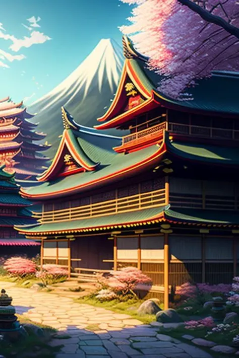 Japanese village in the 1700s with detailed and sharp focused architecture and flowers with cherry blossom trees  by Dan Mumford, estilovintedois,, cinematic, colorful background, concept art, dramatic lighting, high detail, highly detailed, hyper realistic, intricate, intricate sharp details, octane render, smooth, studio lighting, trending on artstation.