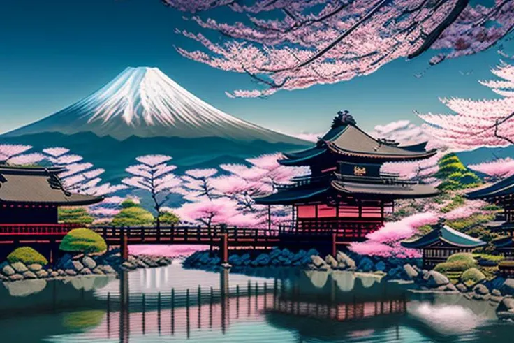 japanese onsen during sakura blooming, little river in the middle and Mount Fuji on the background, a Five-storied pagoda on the side, 4k, highly detailed, 16k, 8k, estilovintedois.