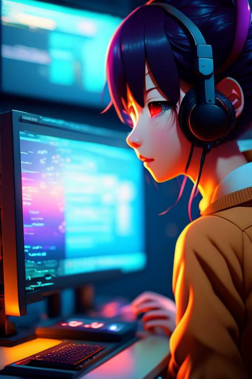 lofi Anime Girl is programming at a computer, cozy, by makoto shinkai and ghibli studio, dramatic lighting, highly detailed, incredible quality, trending on artstation, masterpiece, 8k. code on the screen., cinematic, colorful background, concept art, dramatic lighting, high detail, highly detailed, hyper realistic, intricate, intricate sharp details, octane render, smooth, studio lighting, trending on artstation.