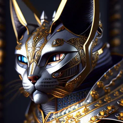 kneeling cat knight, portrait, finely detailed armor, intricate design, silver, silk, cinematic lighting, 4k.