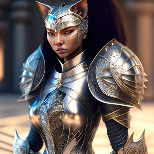 kneeling female fusion cat  knight, portrait, finely detailed woman armor, large breast, intricate design, silver, silk, cinematic lighting, 4k.