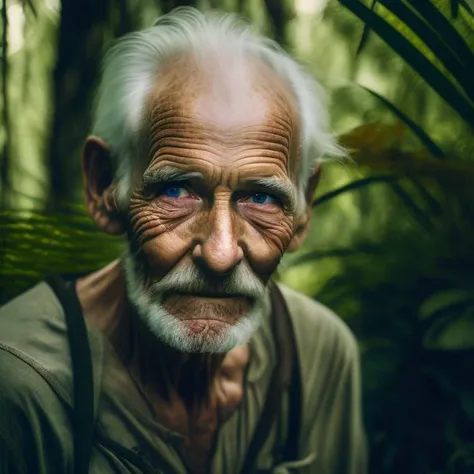 photo of an old man in a jungle, looking atthecamera